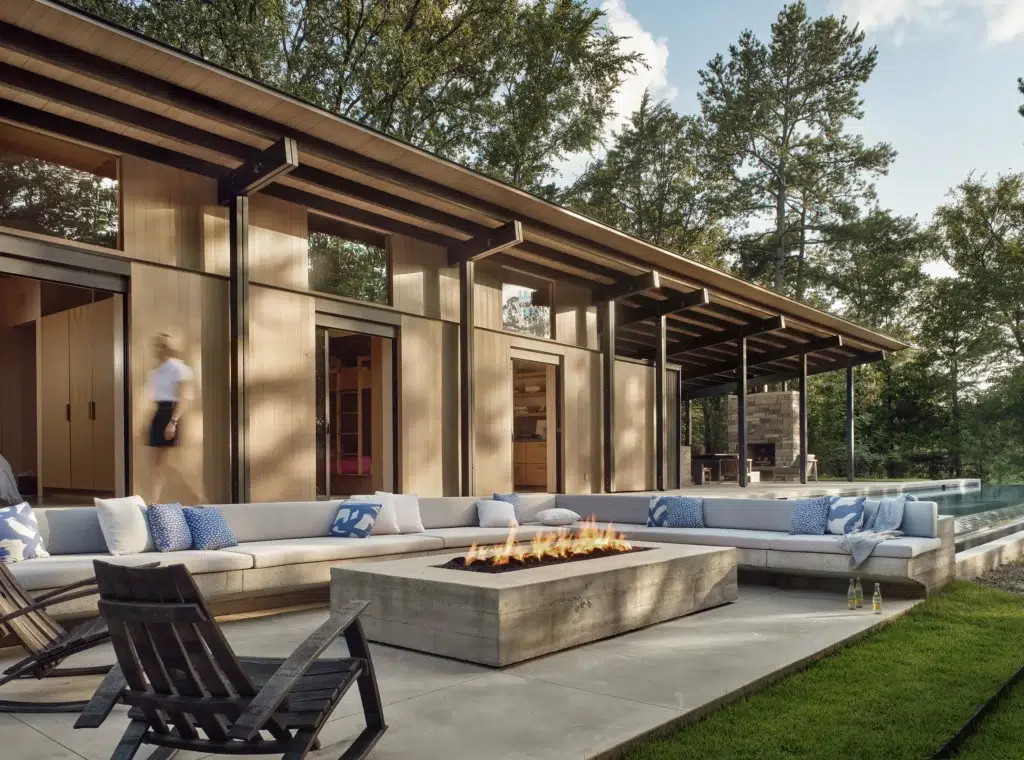 Custom pool and covered outdoor living space for the Aegean Pool House project in East Texas
