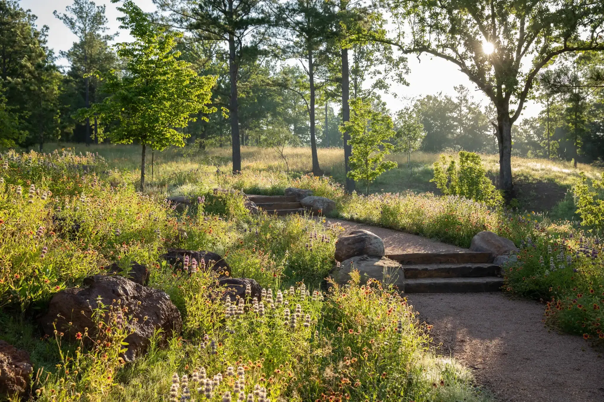 Front entry landscape design with stone walkway, planting beds, and outdoor lighting for an East Texas home