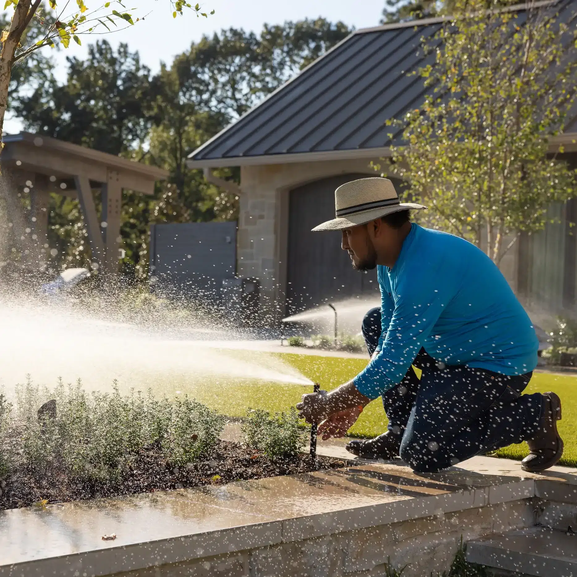 Landvisions technician adjusting irrigation sprinkler system at East Texas residential landscape property