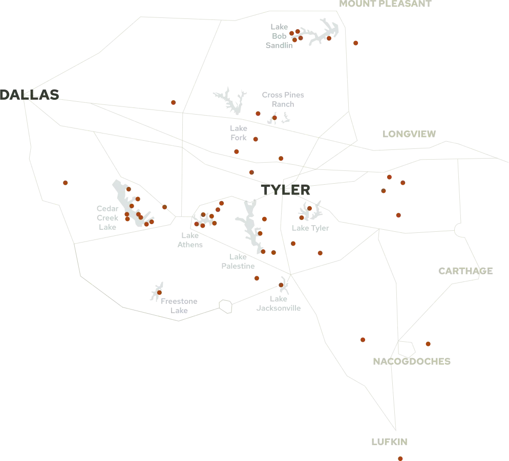 Landvisions landscape design service area map covering East Texas including Tyler, Longview, Cedar Creek Lake, Fairfield Lake, Lake Palestine, Lake Tyler, Lake Athens, Lake Bob Sandlin, Cypress Springs, and the region between Dallas, Nacogdoches, and Longview