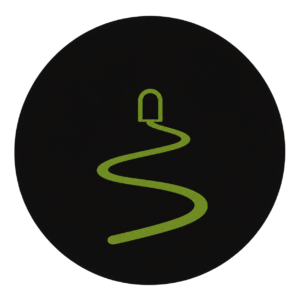 Minimal arrival and circulation icon showing a curved path leading to an entrance