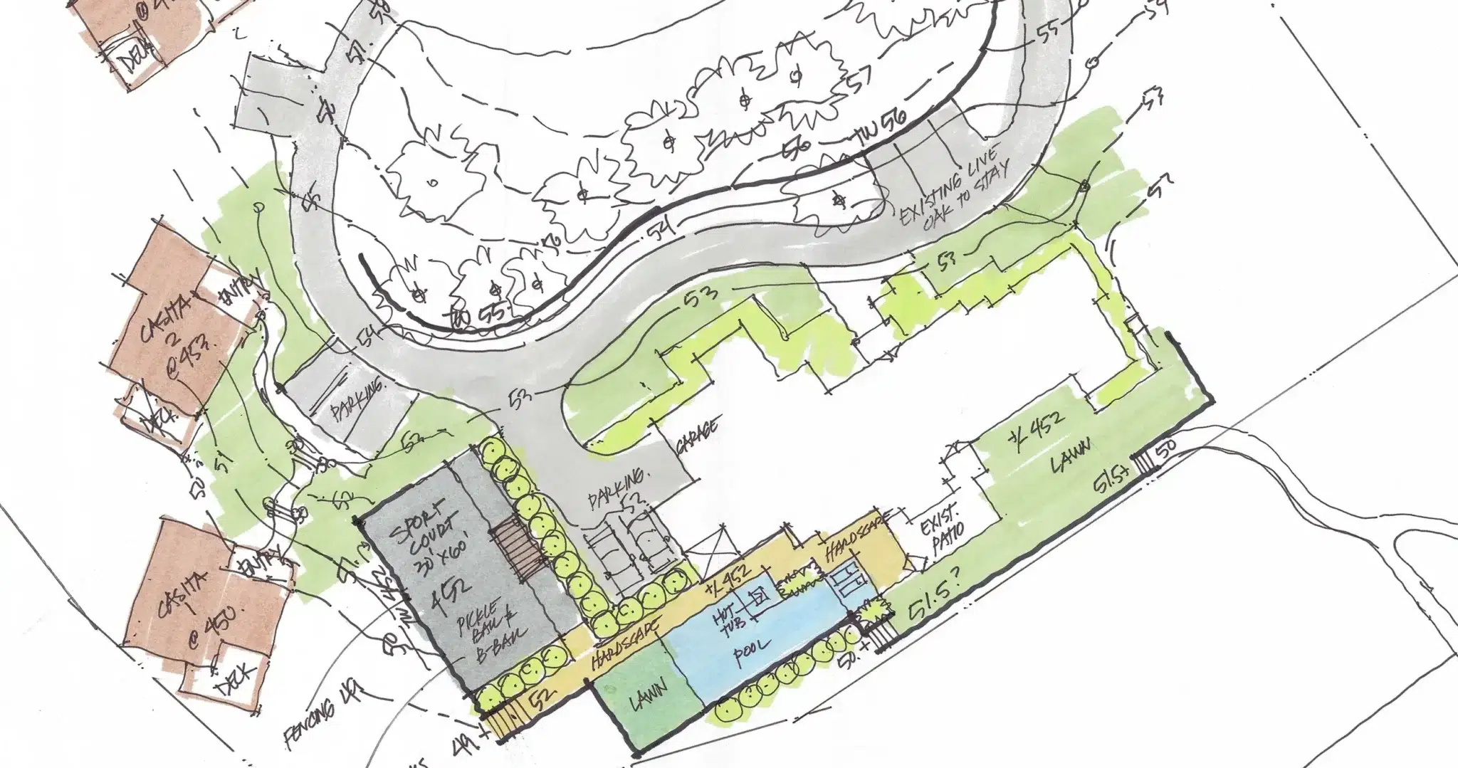 and-drawn landscape design site plan showing pool, sport court, casitas, hardscape, and lawn layout by Landvisions East Texas landscape designers
