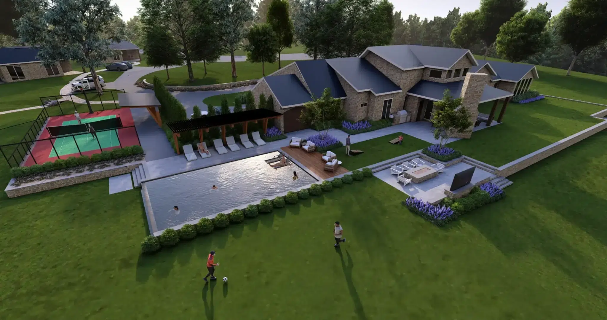 3D landscape design rendering of East Texas estate showing custom pool, sport court, pergola, fire pit terrace, and outdoor living by Landvisions